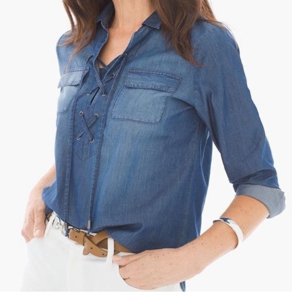 Chicos Blue Chambray Denim CottonLace-Up Relaxed Fit Long Sleeve Shirt